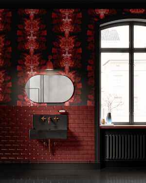 Ruby Elixir wallpaper by Liberty James Studio in black and red, mirrored art deco motifs in a hallway