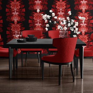 Ruby Elixir wallpaper by Liberty James Studio in black and red, mirrored art deco motifs in a dining area