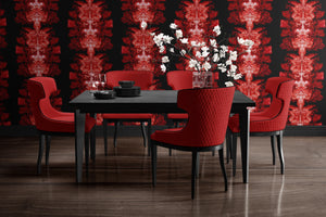 Ruby Elixir wallpaper by Liberty James Studio in black and red, mirrored art deco motifs in a dining area