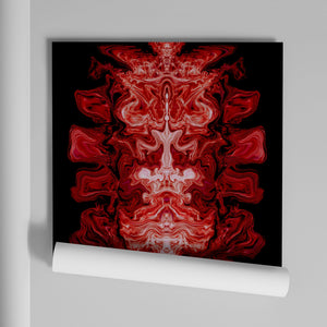 Ruby Elixir wallpaper by Liberty James Studio in black and red, roll showing mirrored art deco motifs