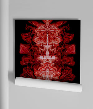Ruby Elixir wallpaper by Liberty James Studio in black and red, roll showing mirrored art deco motifs