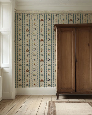 Run Away to the Circus wallpaper by Annika Reed in cream, circus performers and tents in an entryway