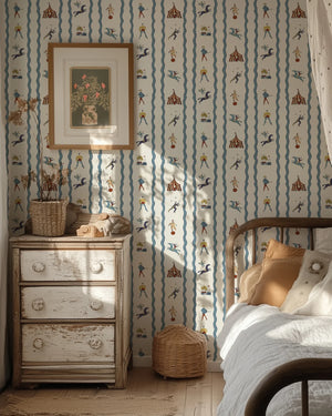 Run Away to the Circus wallpaper by Annika Reed in blue, circus performers and tents in a bedroom