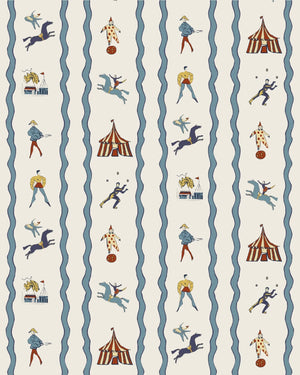 Run Away to the Circus wallpaper by Annika Reed in cream, flat sample of circus performers and tents