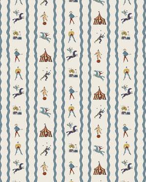 Run Away to the Circus wallpaper by Annika Reed in cream, full repeat of circus performers and tents