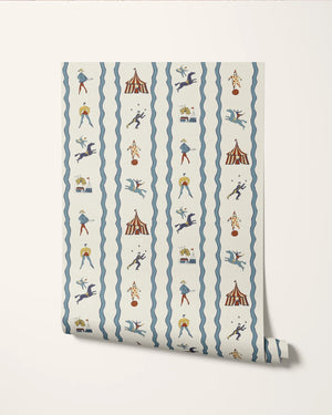Run Away to the Circus wallpaper by Annika Reed in cream, roll showing circus performers and tents