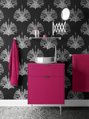 Leopard Crane wallpaper by Liberty James Studio in silver, mirrored cranes and leopards in a living room