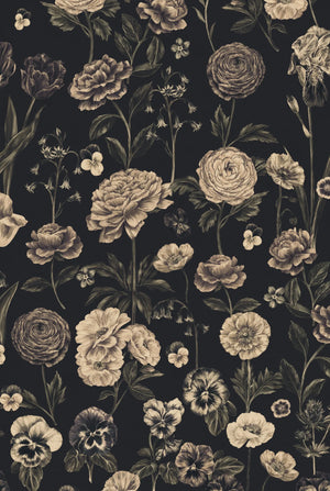 Seasons in Bloom wallpaper by Victoria Sanders in charcoal, flat sample of a meadow of flowers rising from the base