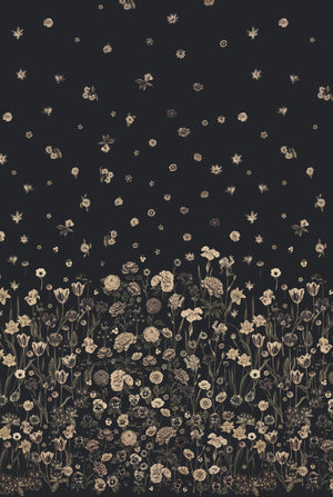 Seasons in Bloom wallpaper by Victoria Sanders in charcoal, full repeat of a meadow of flowers rising from the base