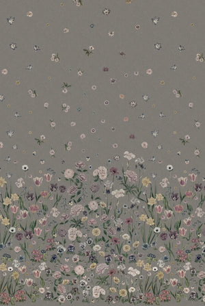 Seasons in Bloom wallpaper by Victoria Sanders in grey, flat sample of a meadow of flowers rising from the base