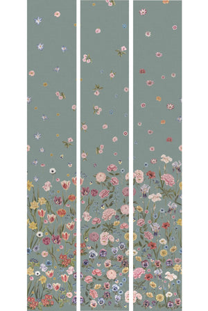 Seasons in Bloom wallpaper by Victoria Sanders in duck egg blue, pattern sample of a meadow of flowers rising from the base