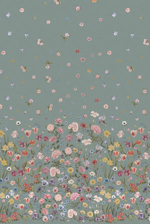 Seasons in Bloom wallpaper by Victoria Sanders in duck egg blue, flat sample of a meadow of flowers rising from the base