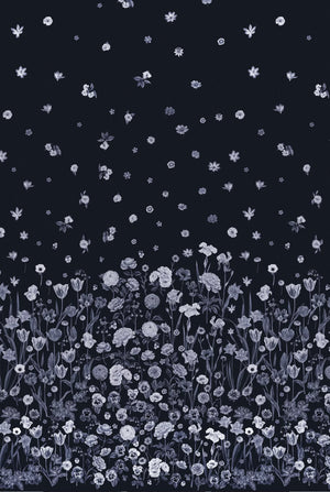 Seasons in Bloom wallpaper by Victoria Sanders in navy and lilac, flat sample of a meadow of flowers rising from the base
