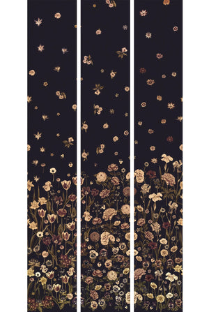 Seasons in Bloom wallpaper by Victoria Sanders in black and gold, mural panel plan showing