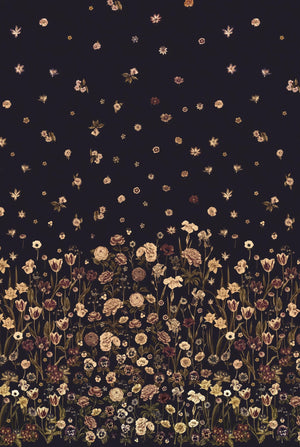 Seasons in Bloom wallpaper by Victoria Sanders in black and gold, pattern sample of a meadow of flowers rising from the base