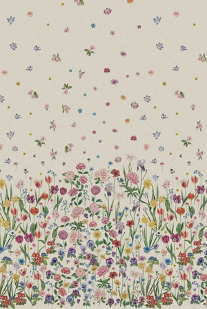 Seasons in Bloom wallpaper by Victoria Sanders in cream, pattern sample of a meadow of flowers rising from the base