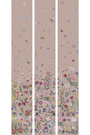 Seasons in Bloom wallpaper by Victoria Sanders in pink, mural layout plan showing a meadow of flowers rising from the base