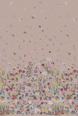 Seasons in Bloom wallpaper by Victoria Sanders in pink, full repeat of a meadow of flowers rising from the base
