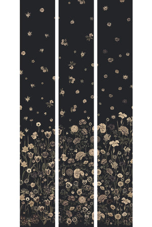 Seasons in Bloom wallpaper by Victoria Sanders in charcoal, pattern sample of a meadow of flowers rising from the base