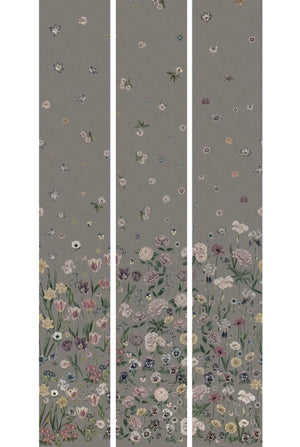 Seasons in Bloom wallpaper by Victoria Sanders in grey, pattern sample of a meadow of flowers rising from the base