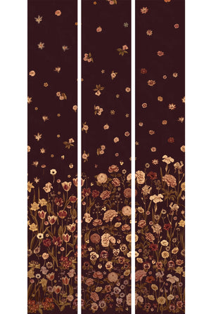 Seasons in Bloom wallpaper by Victoria Sanders in burgundy, full repeat of a meadow of flowers rising from the base
