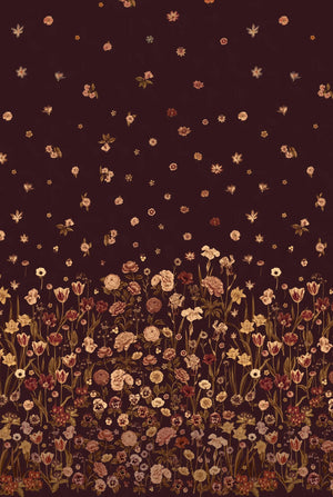 Seasons in Bloom wallpaper by Victoria Sanders in burgundy, flat sample of a meadow of flowers rising from the base