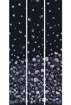 Seasons in Bloom wallpaper by Victoria Sanders in navy and lilac, panel layout diagram