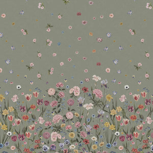 Seasons in Bloom wallpaper by Victoria Sanders in sage green, full repeat of a meadow of flowers rising from the base