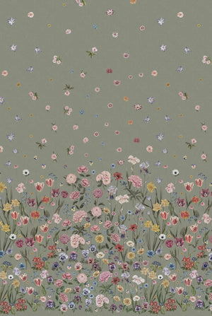 Seasons in Bloom wallpaper by Victoria Sanders in sage green, full repeat of a meadow of flowers rising from the base