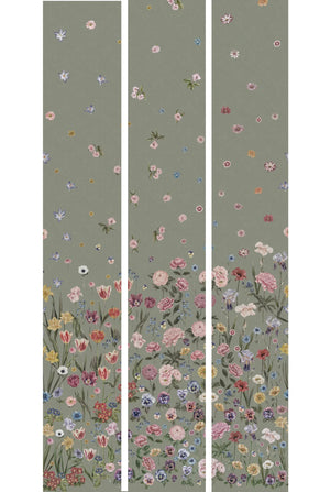 Seasons in Bloom wallpaper by Victoria Sanders in sage green, flat sample of a meadow of flowers rising from the base
