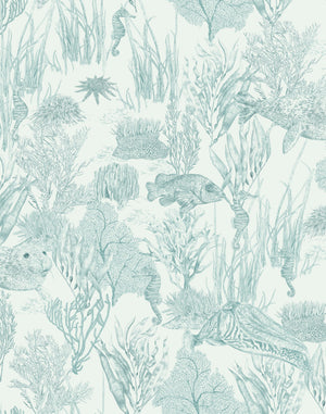 Seaview wallpaper by XV Interiors in green, full repeat of fish among seaweed