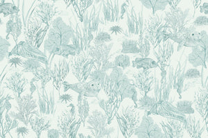 Seaview wallpaper by XV Interiors in green, pattern sample of fish among seaweed