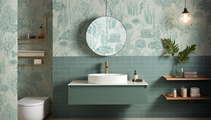 Seaview wallpaper by XV Interiors in green, fish among seaweed in a bathroom setting