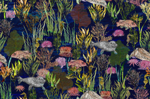 Seaview wallpaper by XV Interiors in cream, flat sample of fish among seaweed