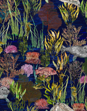 Seaview wallpaper by XV Interiors in cream, pattern sample of fish among seaweed
