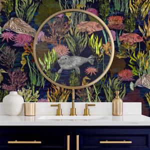Seaview wallpaper by XV Interiors in navy, fish among seaweed in a bathroom