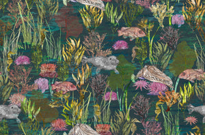 Seaview wallpaper by XV Interiors in teal, full repeat of fish among seaweed