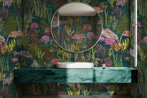 Seaview wallpaper by XV Interiors in teal, fish among seaweed in a bathroom