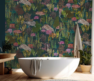 Seaview wallpaper by XV Interiors in teal, fish among seaweed in a bathroom setting