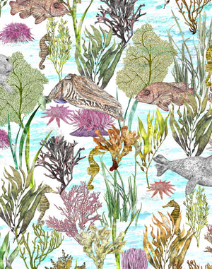 Seaview wallpaper by XV Interiors in blue, flat sample of fish among seaweed