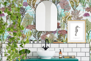 Seaview wallpaper by XV Interiors in blue, fish among seaweed in a bathroom