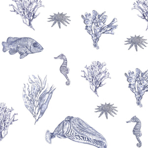 Solent Snapper wallpaper by XV Interiors in blue, full repeat of fish, seahorses and coral