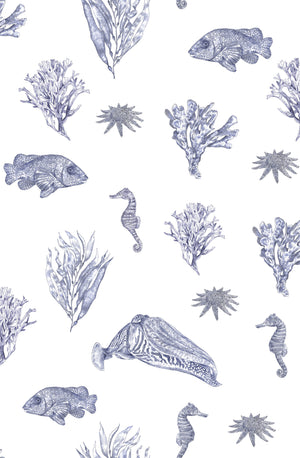 Solent Snapper wallpaper by XV Interiors in blue, full repeat of fish, seahorses and coral