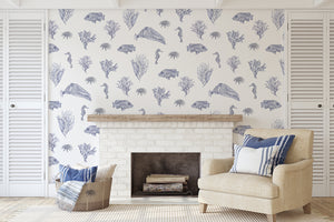 Solent Snapper wallpaper by XV Interiors in blue, fish, seahorses and coral in a living room