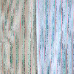 Sail Ahoy linen by Seed Home Designs in blue, draped, showing fine nautical stripes