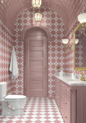 Santorini Tile wallpaper by Liberty James Studio in pink, a Mediterranean tile pattern on a bathroom wall