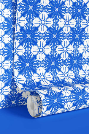Santorini Tile wallpaper by Liberty James Studio in blue, roll showing a Mediterranean tile pattern