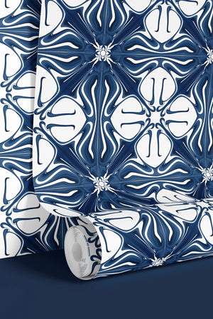 Santorini Tile wallpaper by Liberty James Studio in navy and white, a Mediterranean tile pattern in a styled room setting