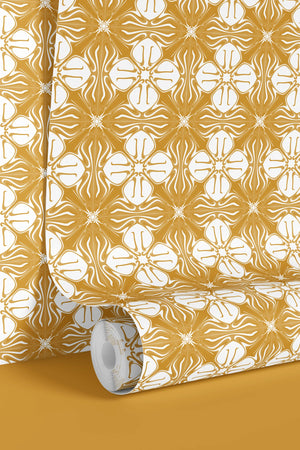 Santorini Tile wallpaper by Liberty James Studio in ochre, roll showing a Mediterranean tile pattern