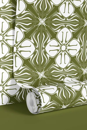 Santorini Tile wallpaper by Liberty James Studio in olive green and white in a bathroom setting